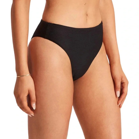 SEAFOLLY High Rise Ribbed Black Bikini bottom Essentials 40609-640 Size 2 NWT - Picture 14 of 16